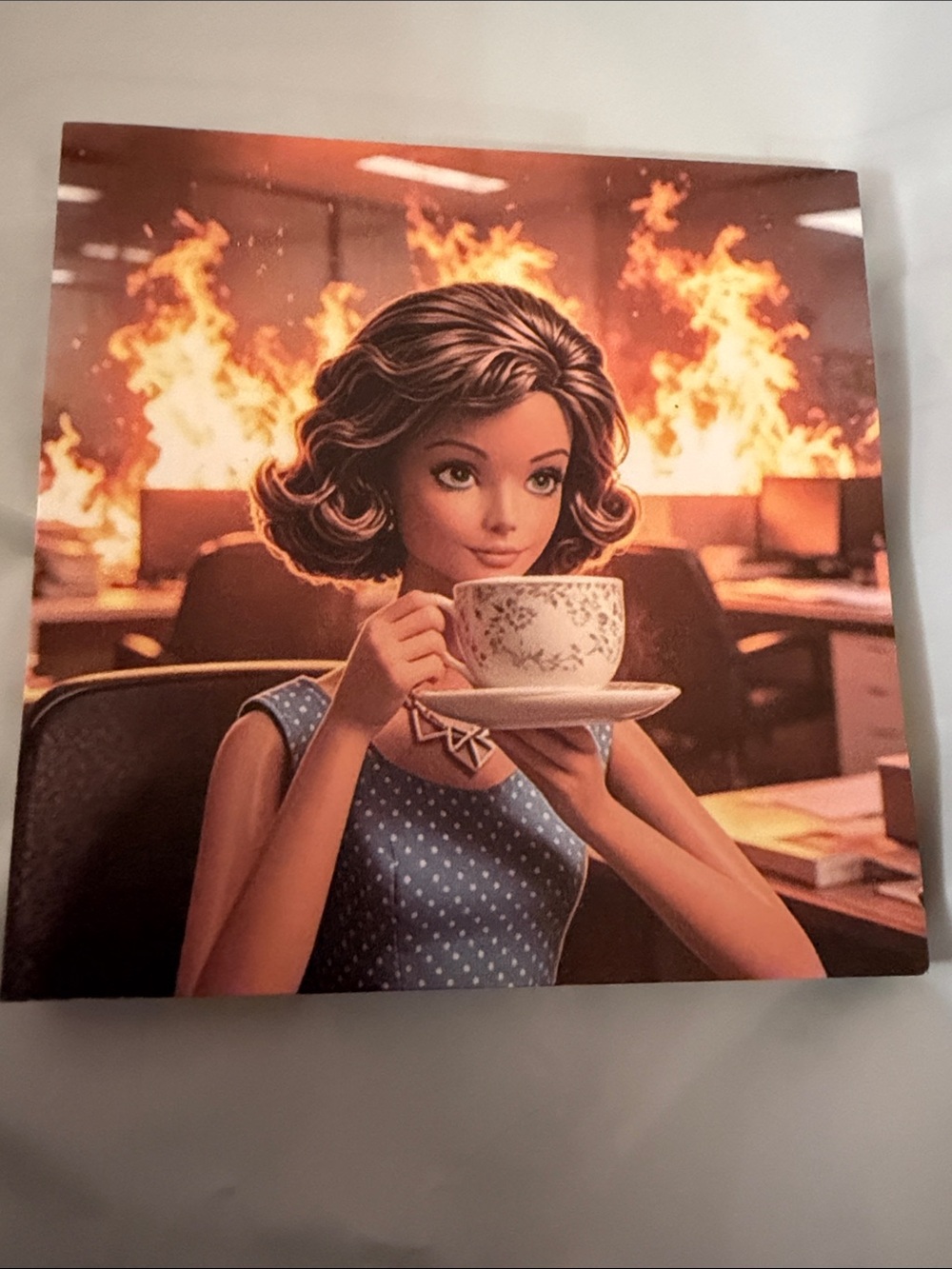 Art Print: Retro Woman Sipping Tea with Fiery Office Background POST IT NOTES